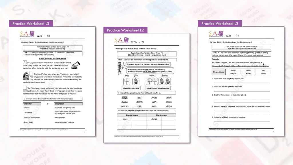 Sample SAE English worksheet pages showing reading comprehension and writing exercises for students