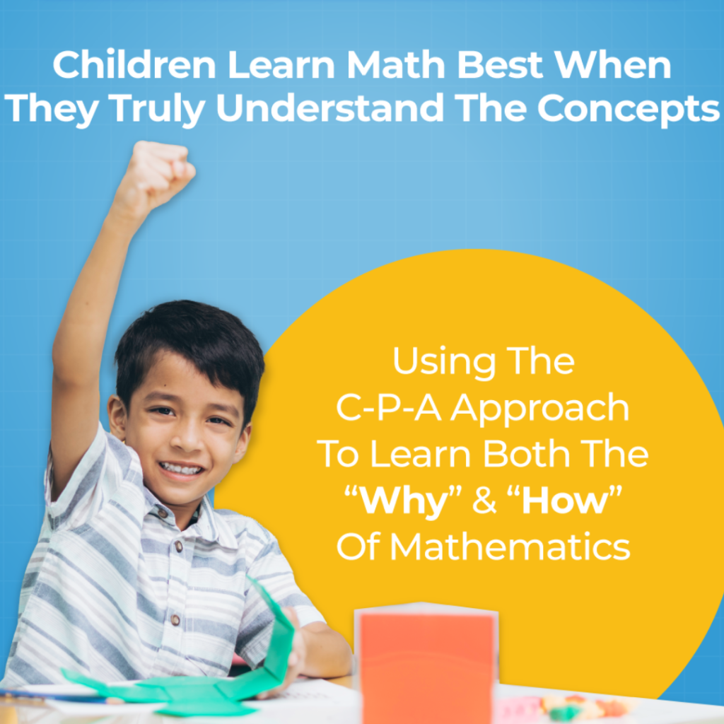 Student raising one arm showing a sense of achievement in Math learning through the Concrete-Pictorial-Abstract learning method used in Singapore Math.