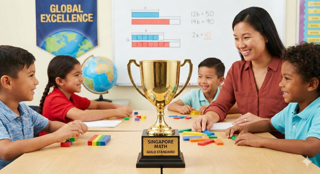 A teacher and four diverse young students smile around a wooden table with math manipulatives in a classroom. A large golden trophy with the inscription "SINGAPORE MATH GOLD STANDARD" on its base is prominently displayed in the foreground. The background features a whiteboard with math problems, a globe, and a banner reading "GLOBAL EXCELLENCE".
