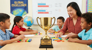 A teacher and four diverse young students smile around a wooden table with math manipulatives in a classroom. A large golden trophy with the inscription "SINGAPORE MATH GOLD STANDARD" on its base is prominently displayed in the foreground. The background features a whiteboard with math problems, a globe, and a banner reading "GLOBAL EXCELLENCE".