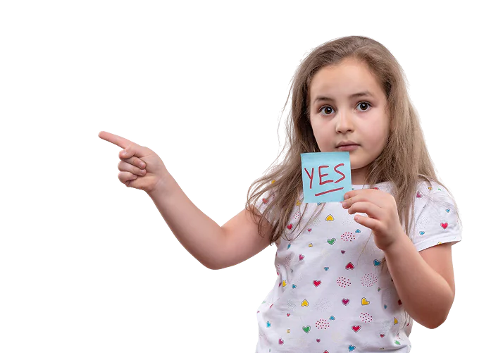 Child holding a YES sign and pointing to schedule a free consultation appointment.