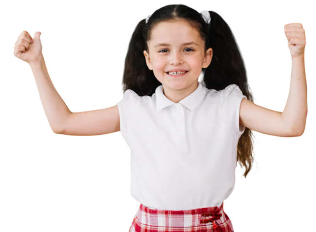 Young girl smiling and pointing upward – secondary CTA section image for SAM programs
