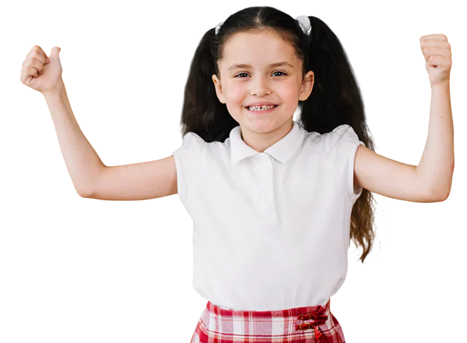 Young girl smiling and pointing upward – secondary CTA section image for SAM programs