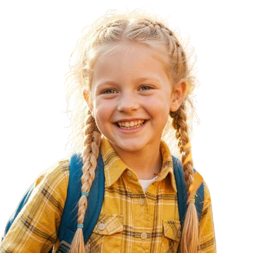 Young girl with braided hair smiling – representing a SAM student ready to learn